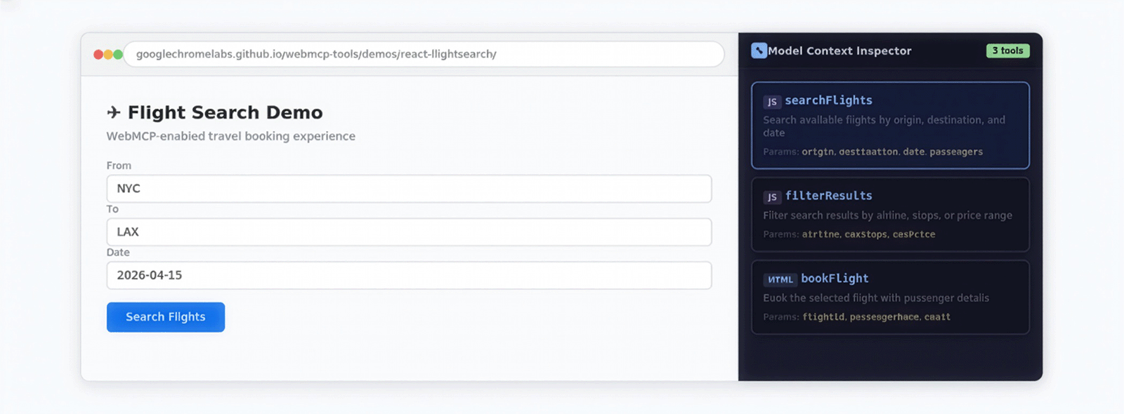 Flight search demo interface with WebMCP Model Context Inspector showing available tools like searchFlights, filterResults, and bookFlight