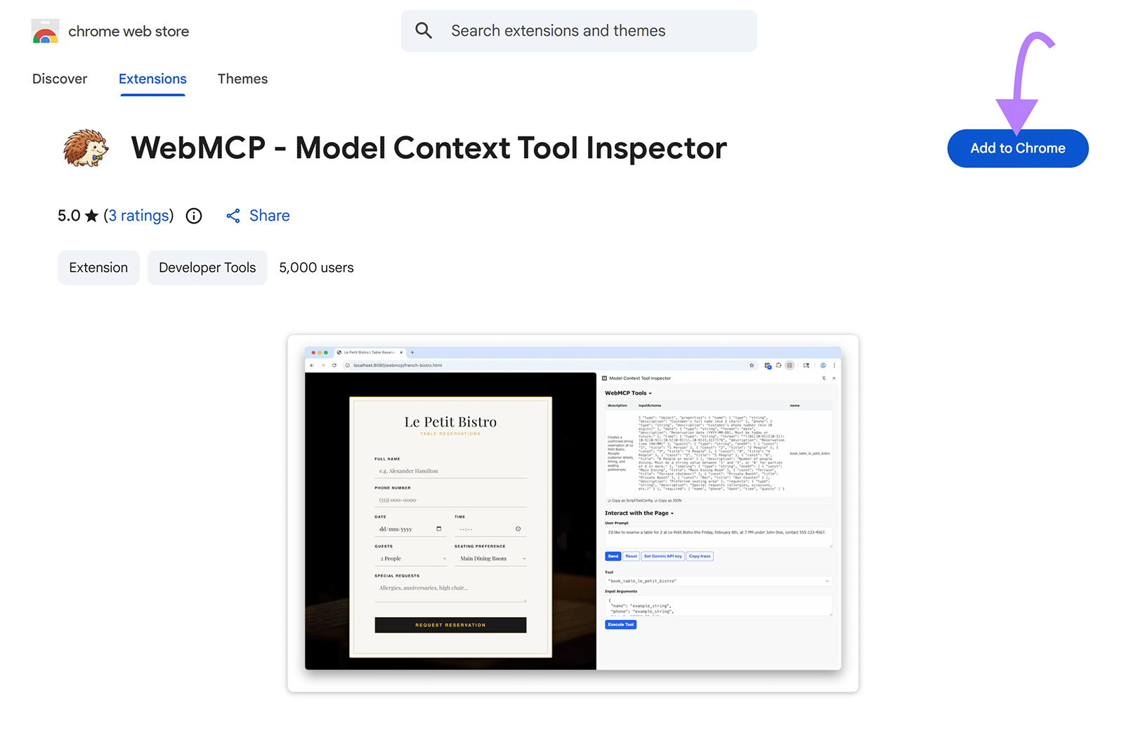 Chrome Web Store page for the WebMCP â Model Context Tool Inspector extension with the âAdd to Chromeâ button