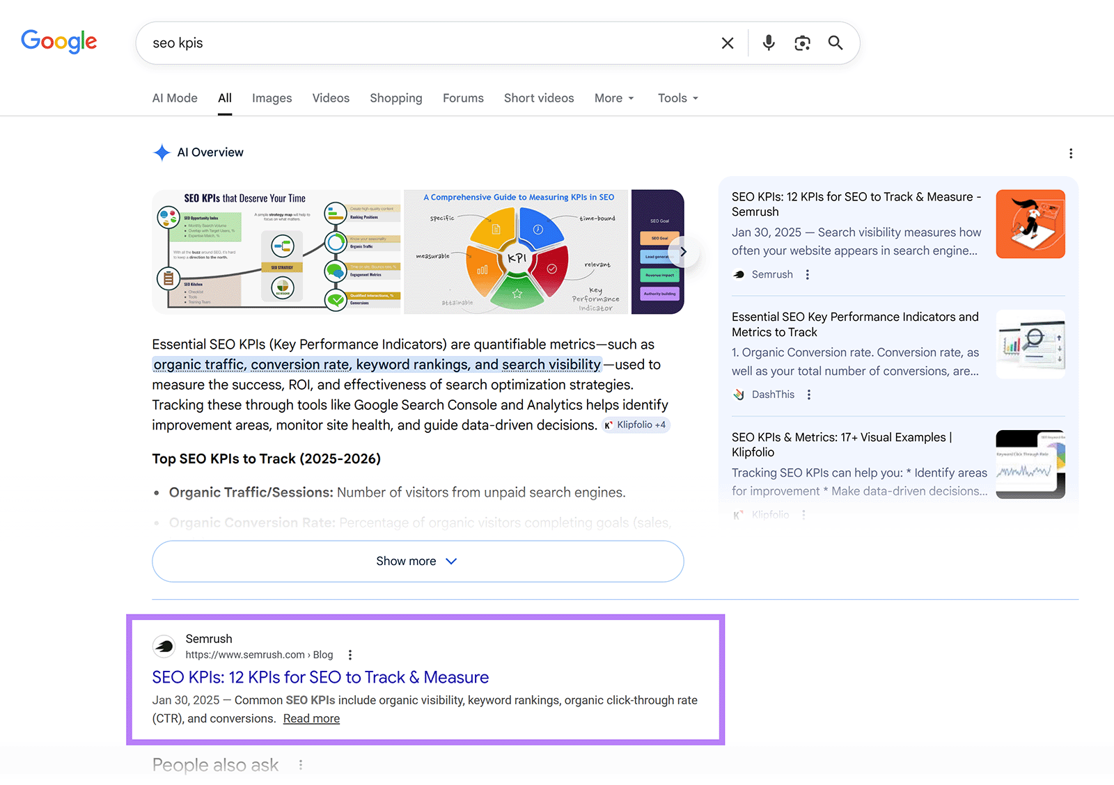 Google search results for âseo kpisâ showing AI Overview and a Semrush article ranking at the top position