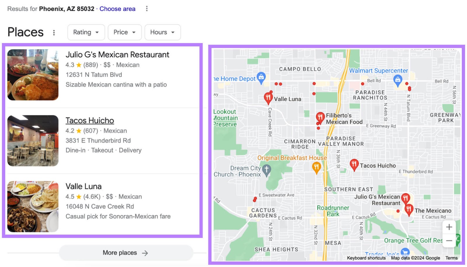 Googleâs local pack showing a map of business locations and three business listings