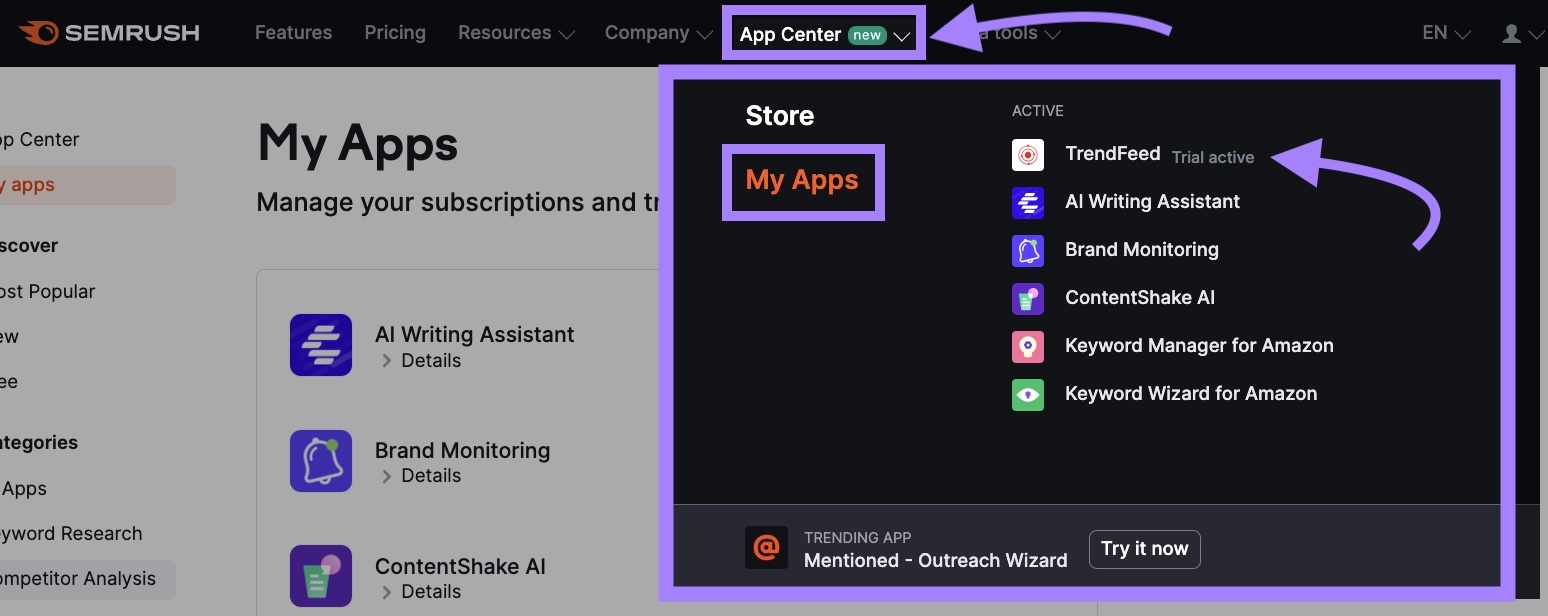 Navigating to TrendFeed from Semrush's App Center
