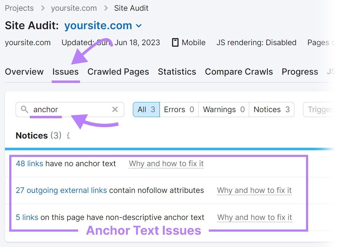 anchor text issues in âIssuesâ tab