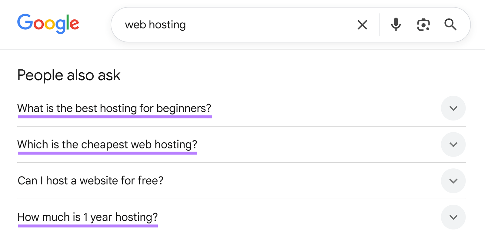 Google âPeople also askâ section with questions about web hosting and pricing