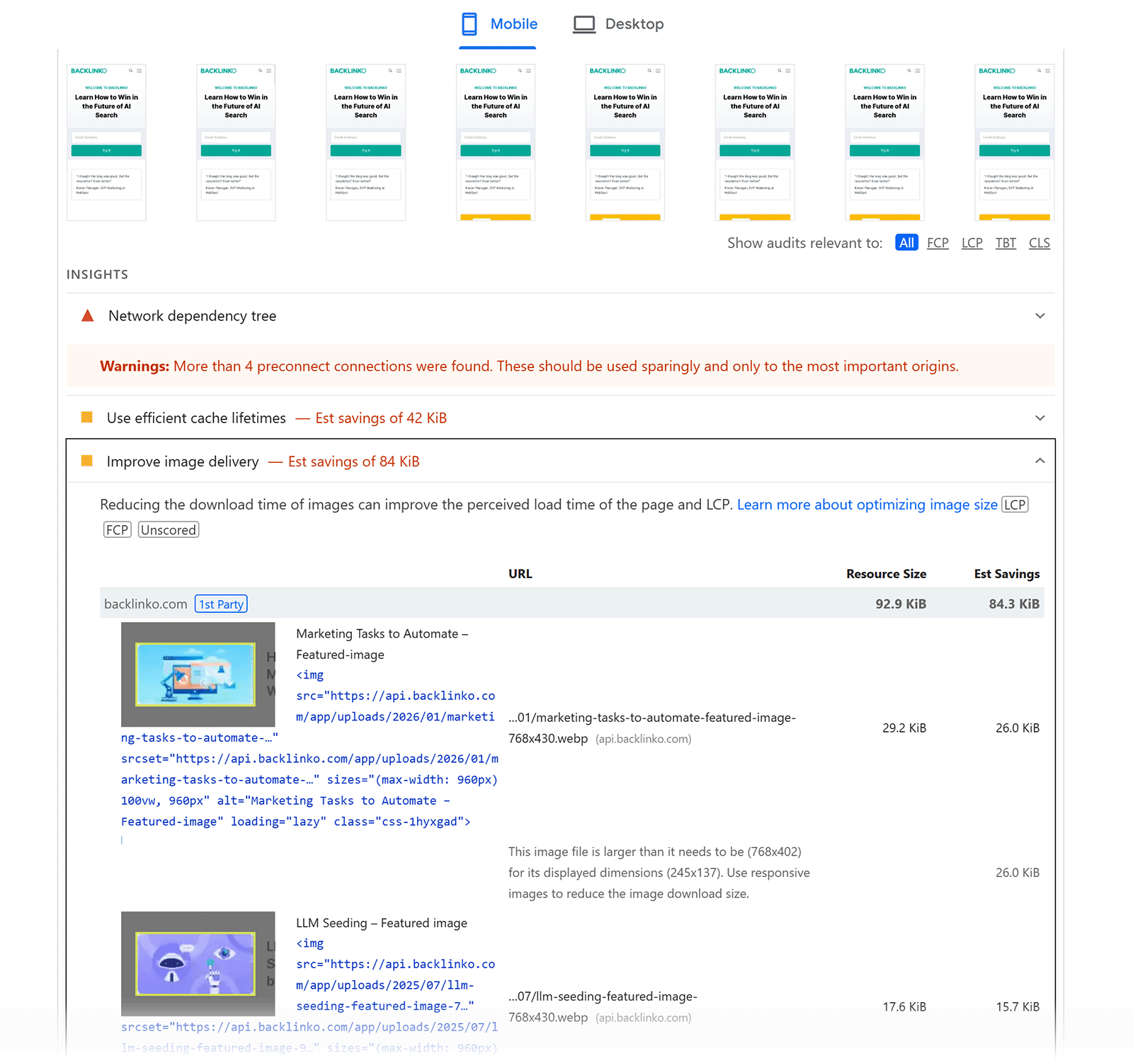 PageSpeed Insights diagnostics showing image optimization and caching issues