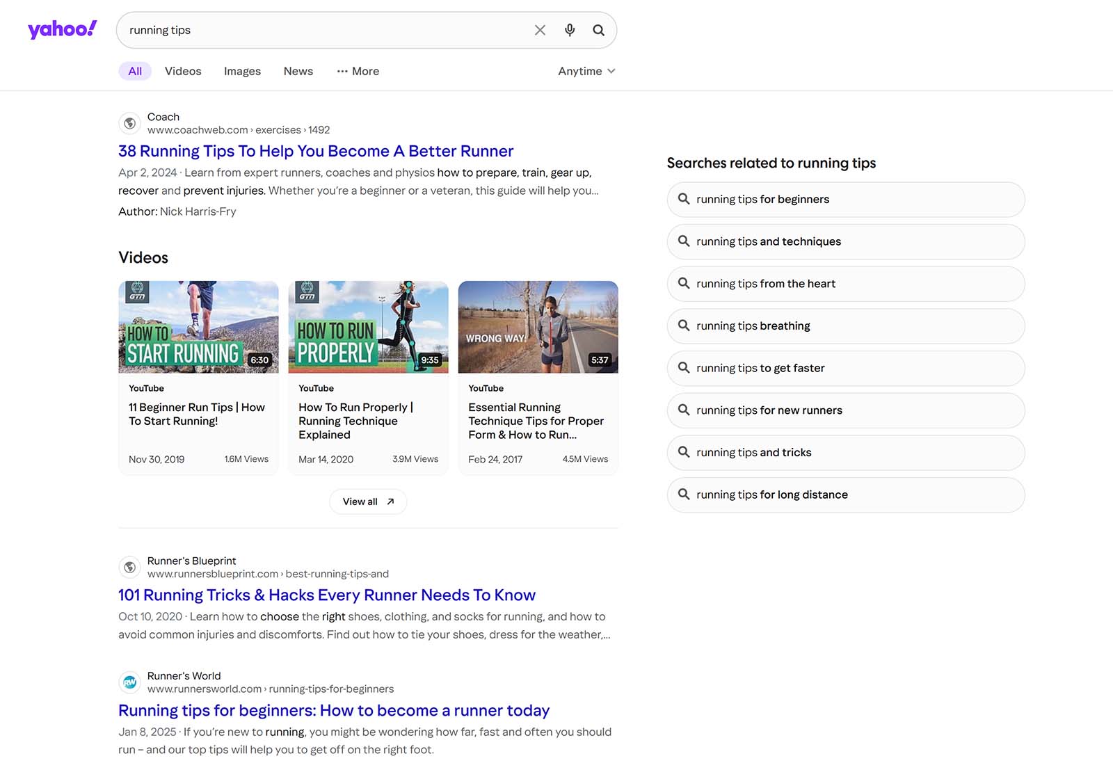 Yahoo results for “running tips” include articles, videos, and a list of related searches like for beginners and technique.