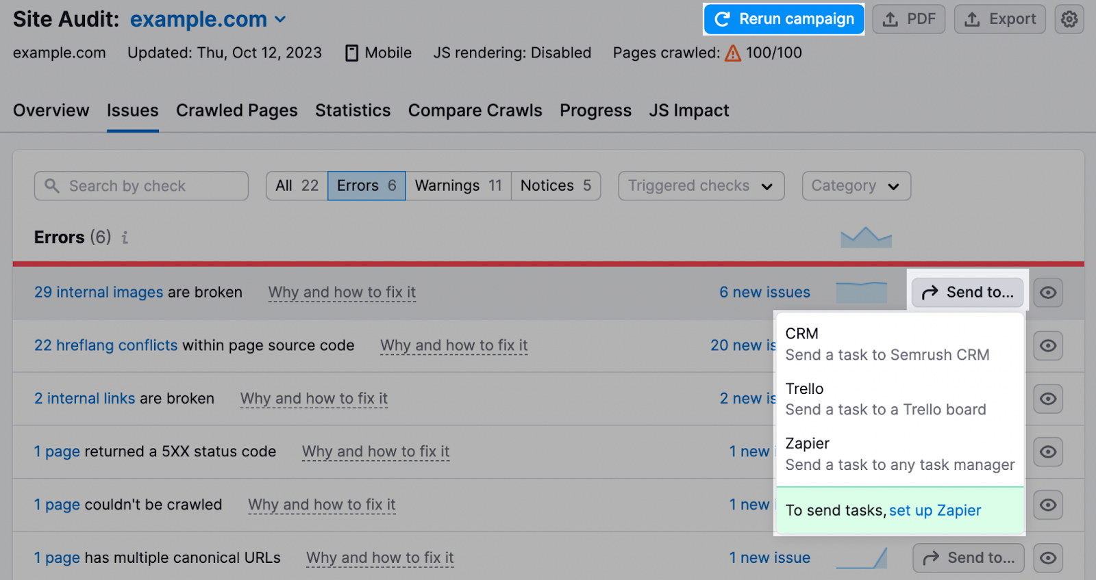 âSend toâŠâ drop-down menu shows "Semrush CRM," "Trello," and "Zapier" options to choose from