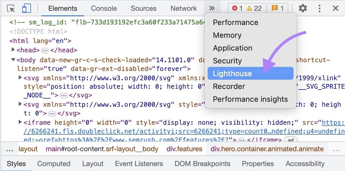 lighthouse in panelâs toolbar highlighted