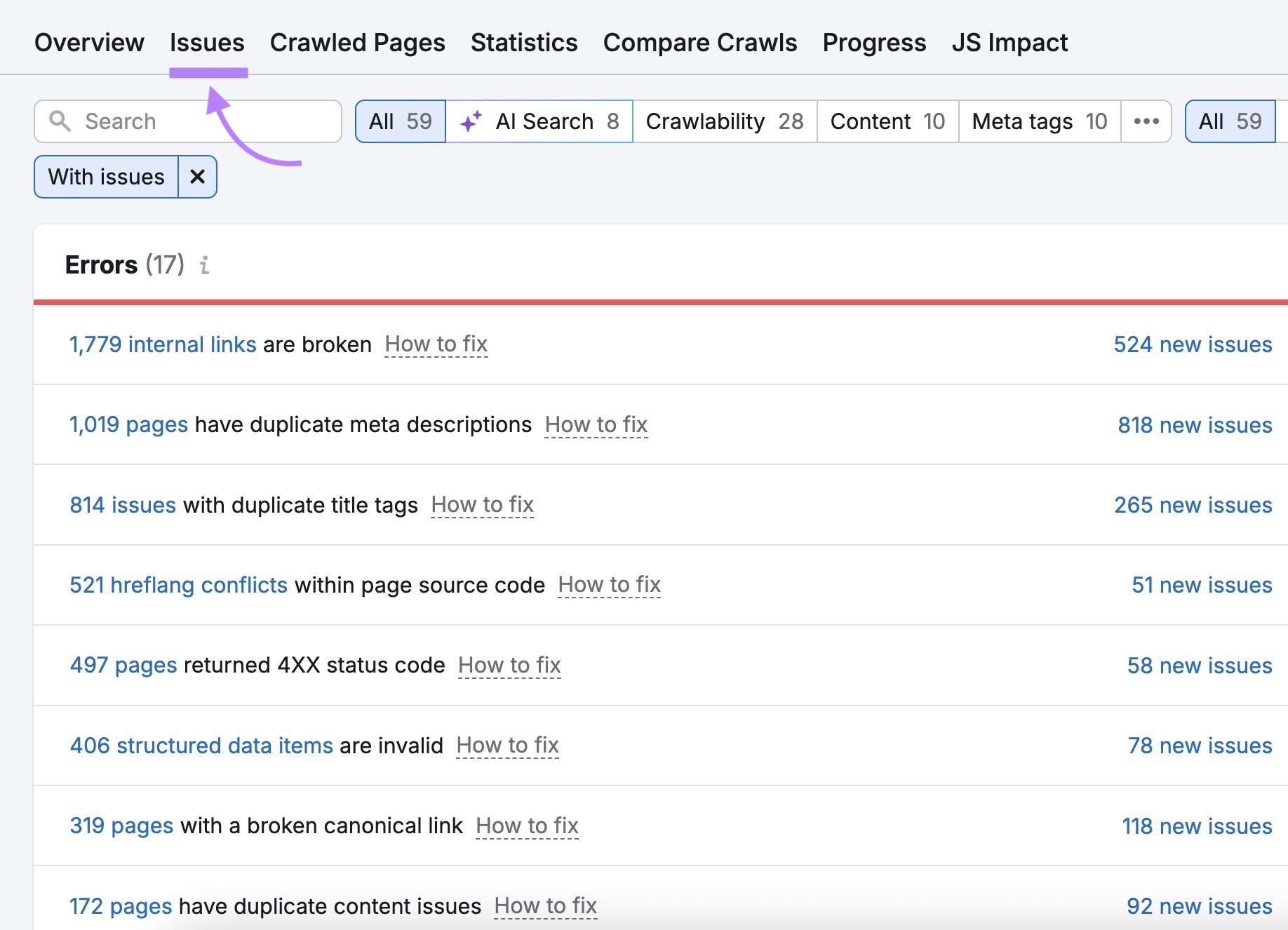 The "Issues" tab on Site Audit showing a list of site errors.
