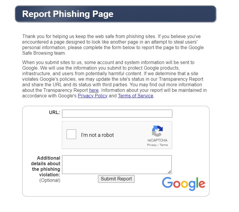 Googleâs âReport a Phishing Pageâ form