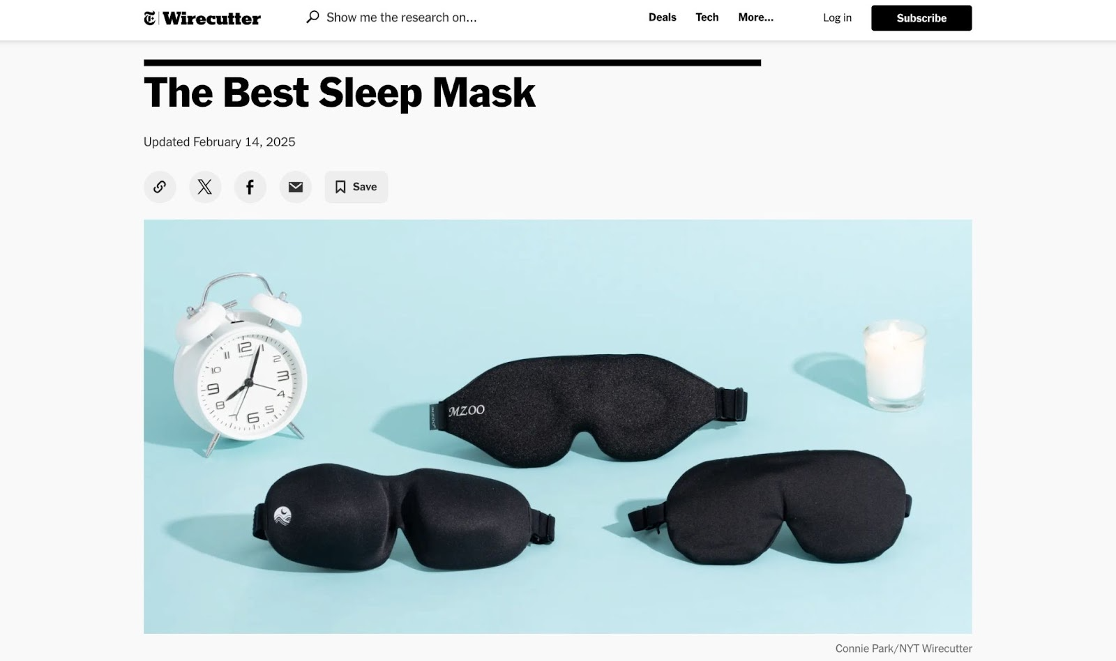 The hero section of a blog post by Wirecutter reviewing the best sleep masks.