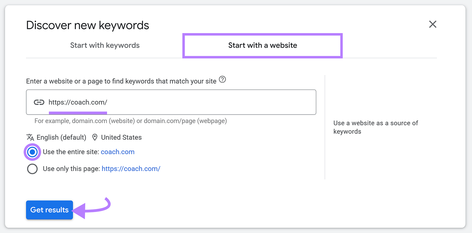 Discover new keywords screen showing âStart with a websiteâ option, URL input field, Use entire site option, and Get results highlighted in Google Keyword Planner