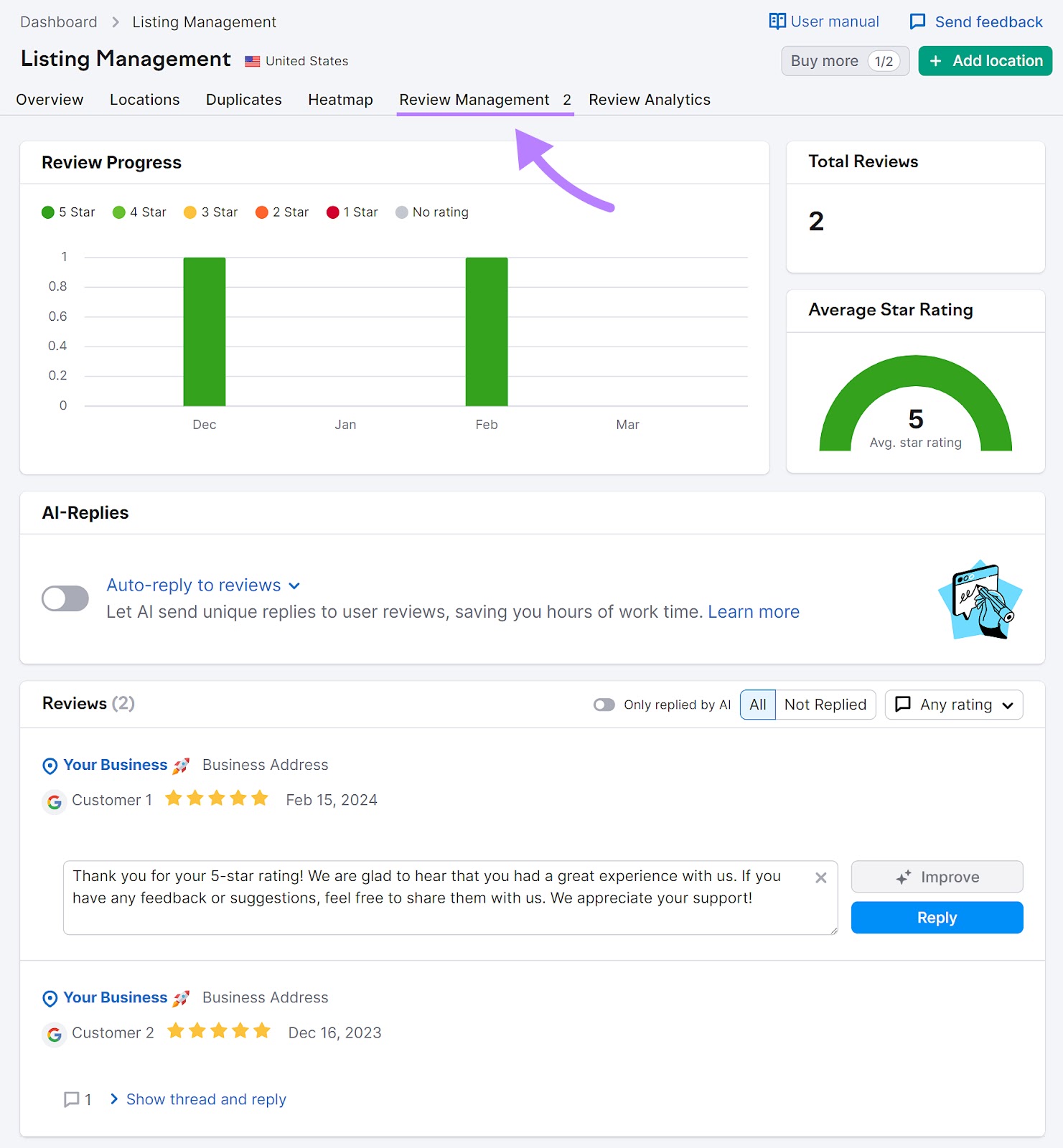 âReview Managementâ tab in the "Listing Management" tool.