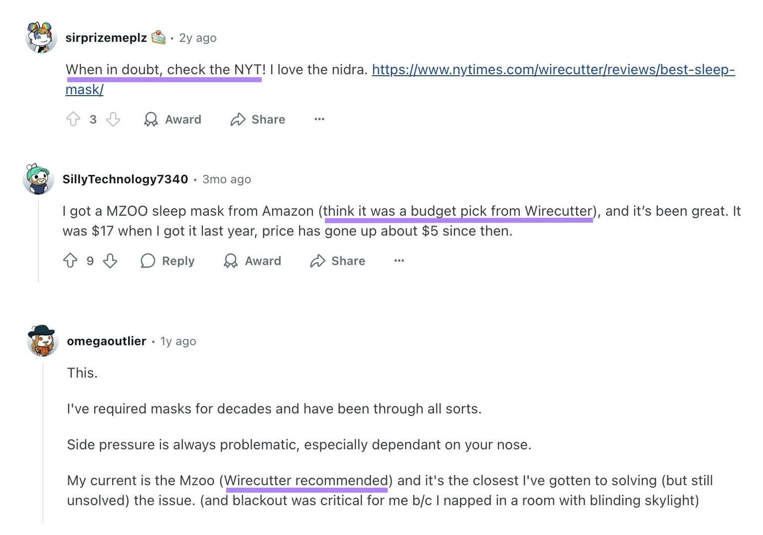 Different comments on Reddit referring to a blog post by Wirecutter reviewing the best sleep masks.