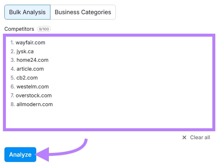 Industry & Bulk Analysis on the Traffic & Market toolkit with multiple competitor domains entered and "Analyze" clicked.