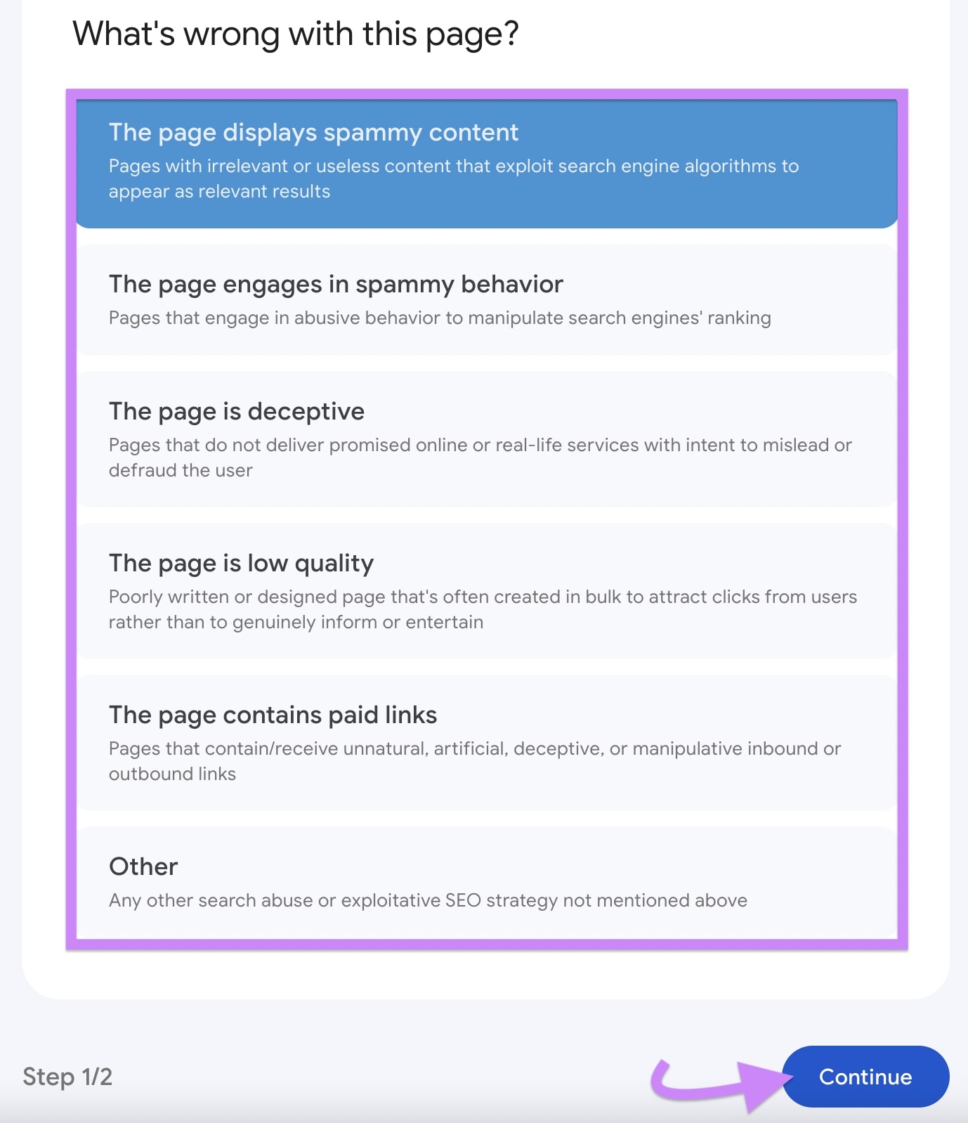 "What's wrong with this page?" section of Googleâs content spam form