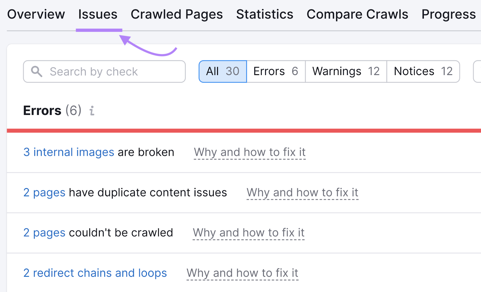 âIssuesâ tab in the Site Audit tool
