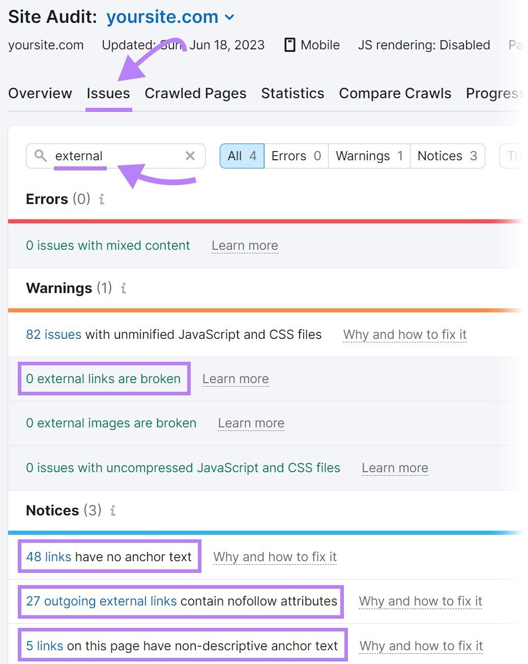 âIssuesâ tab with âexternalâ typed in a search bar, showing results for external link issues
