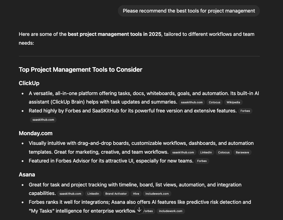 A ChatGPT result showing top tools for project management and describing why theyâre the best