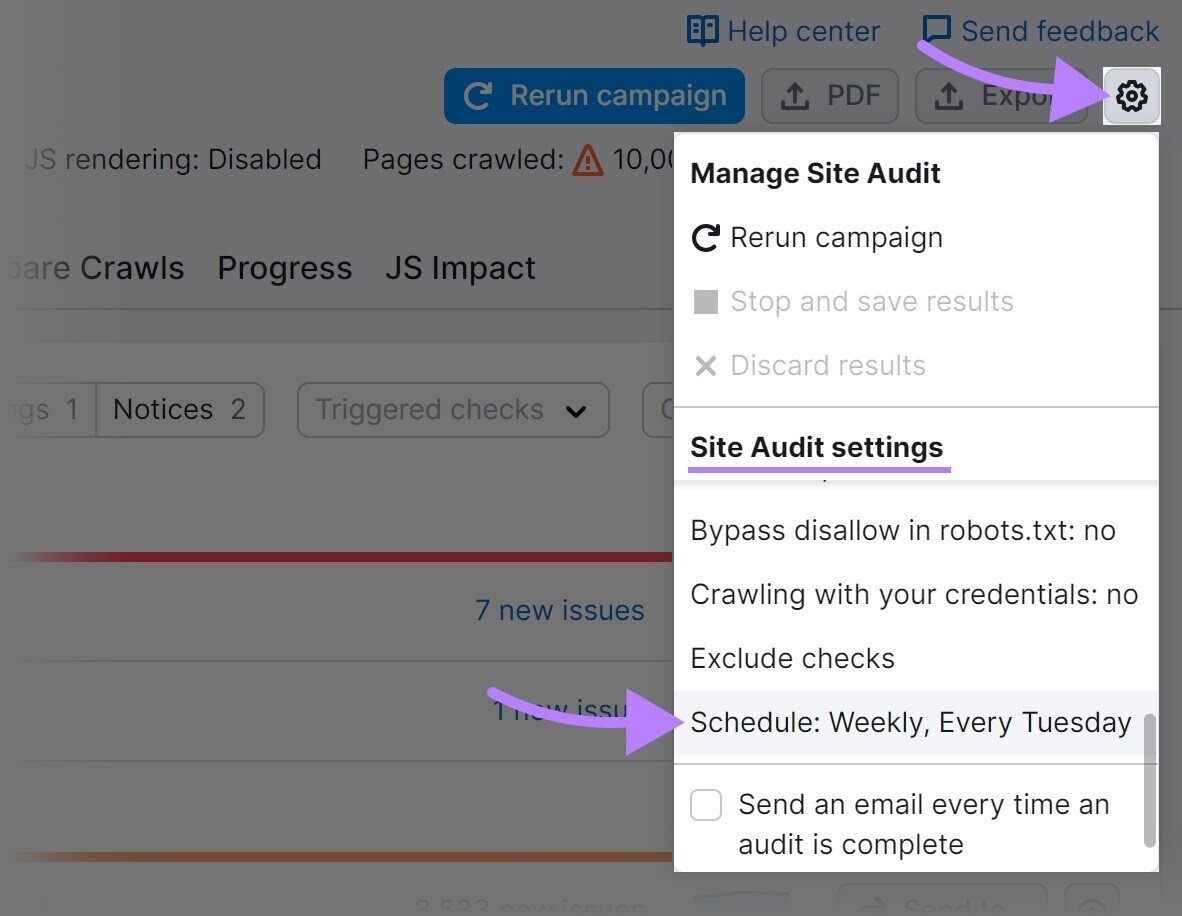 site audit schedule set to "Schedule: Weekly, Every Tuesday" in âSite Audit settingsâ