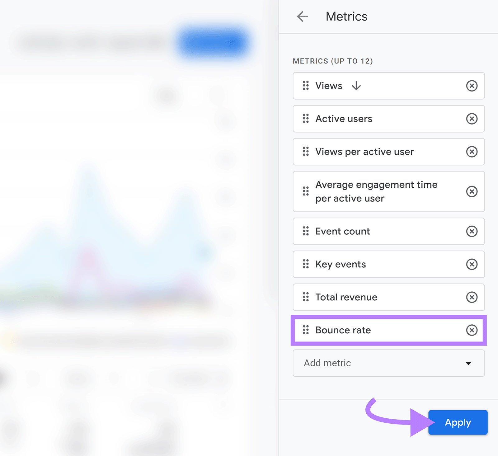 Google Analytics report settings with the Bounce rate metric added and the Apply button highlighted