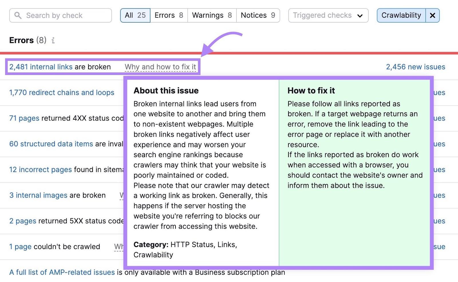 Crawlability issues with âWhy and how to fix itâ next to broken internal link issues clicked, showing tips on how to resolve the issue.