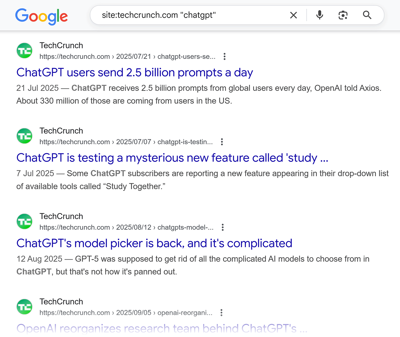 Google site operator search showing TechCrunch articles on ChatGPT usage, features, and updates.