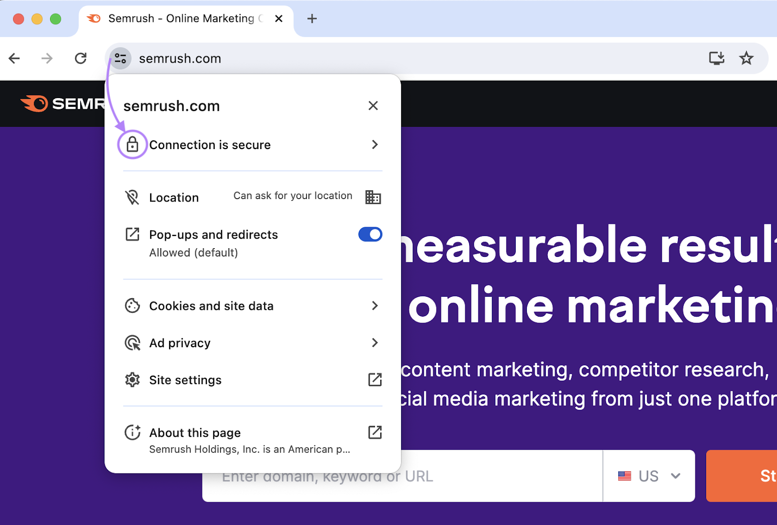 "Connection is secure" padlock next to the "semrush.com" in the browserâs address bar