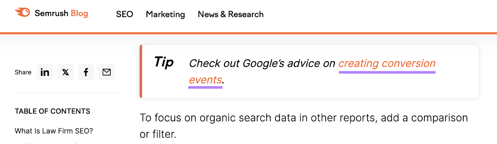 A tip box with the text âCheck out Googleâs advice on creating conversion events.â The last three words are linked.