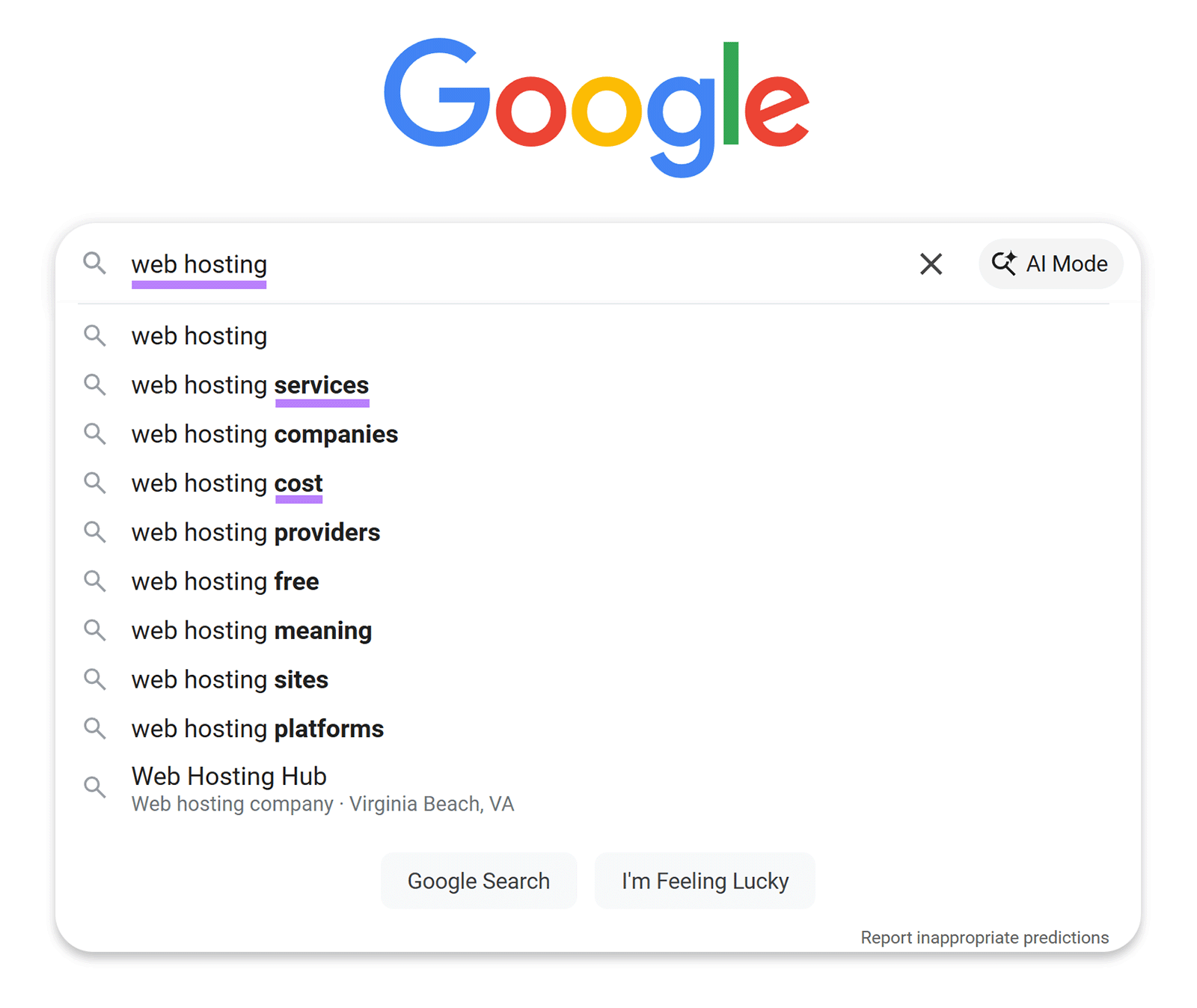 Google autocomplete suggestions for the search query âweb hostingâ