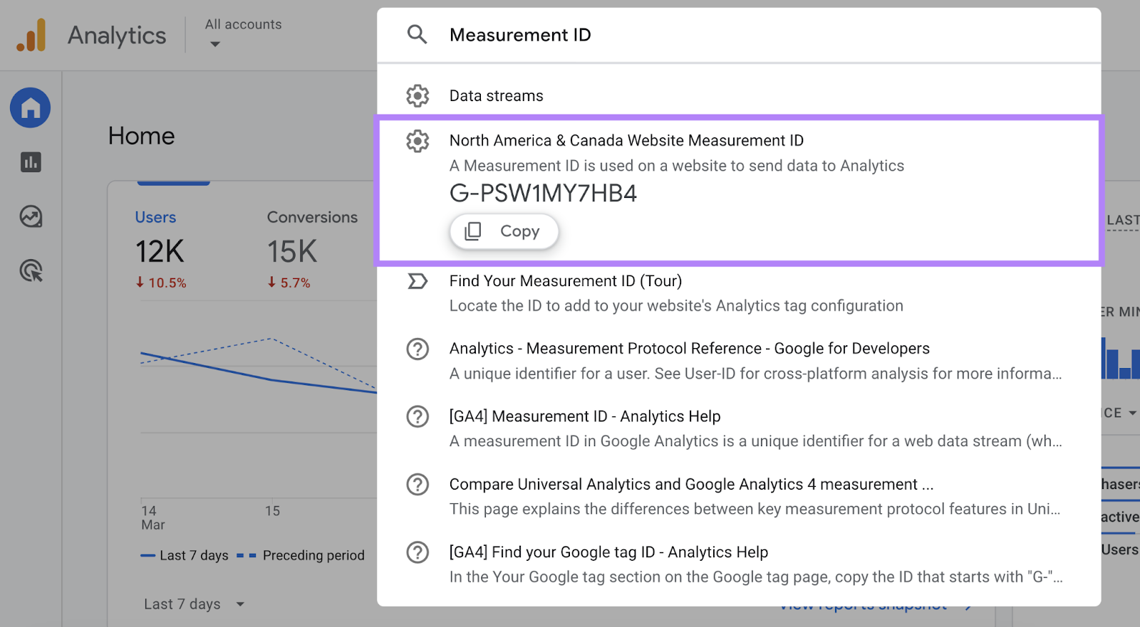 âmeasurement IDâ in the GA search bar and the relevant result highlighted