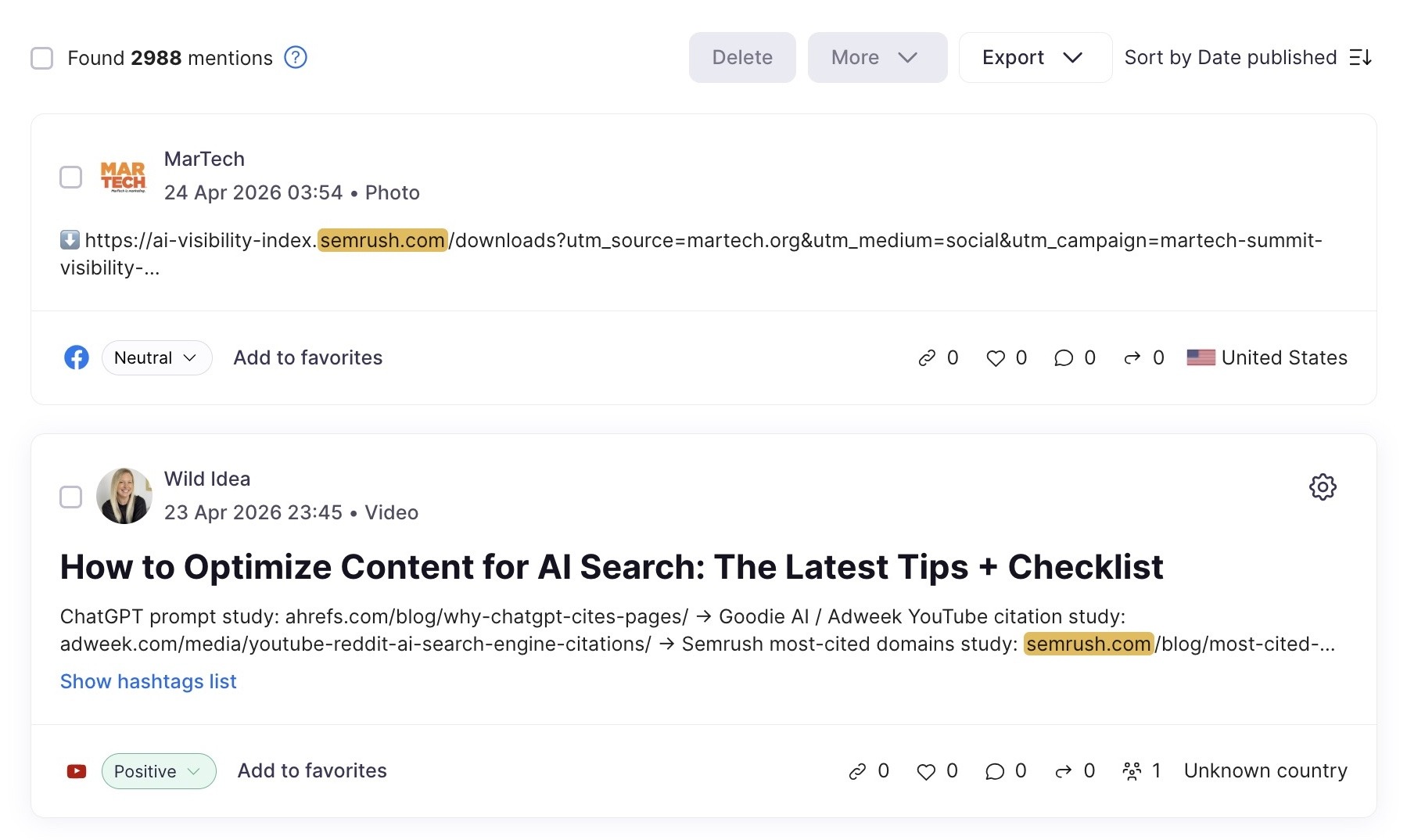 Brand Monitoring tool showing a list of brand mentions for "semrush.com" across platforms.