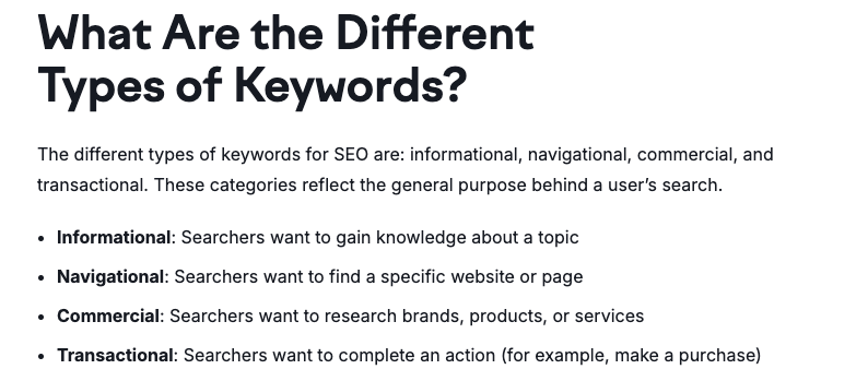 Blog post text explaining the four keyword types for SEO: informational, navigational, commercial, transactional.