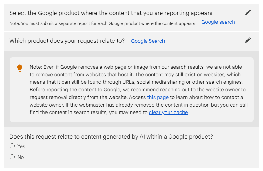 Answer whether the spam relates to AI content in Googleâs âReport Content on Googleâ form
