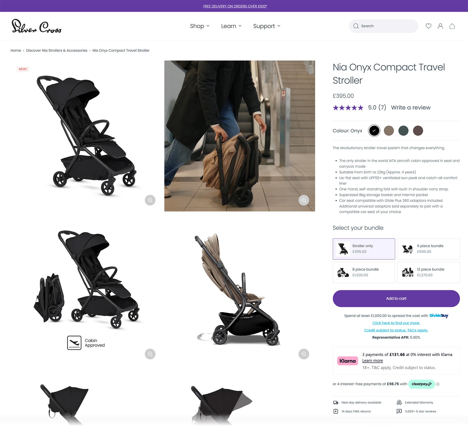 Silver Cross Nia Onyx Compact Travel Stroller product page with price, color swatches, bundle options, and Add to cart