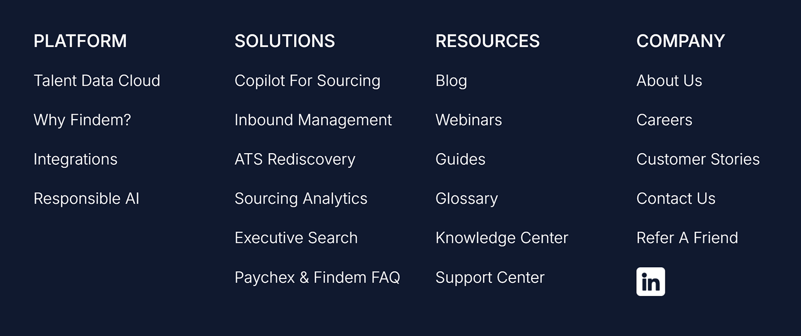 Four column footer navigation with links to various pages