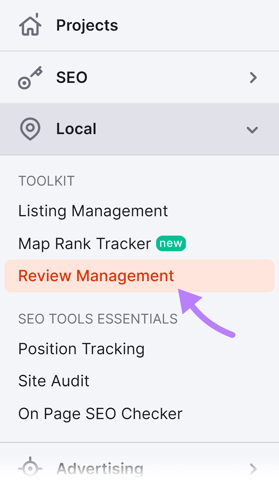 Navigating to âReview Managementâ in Semrush menu.