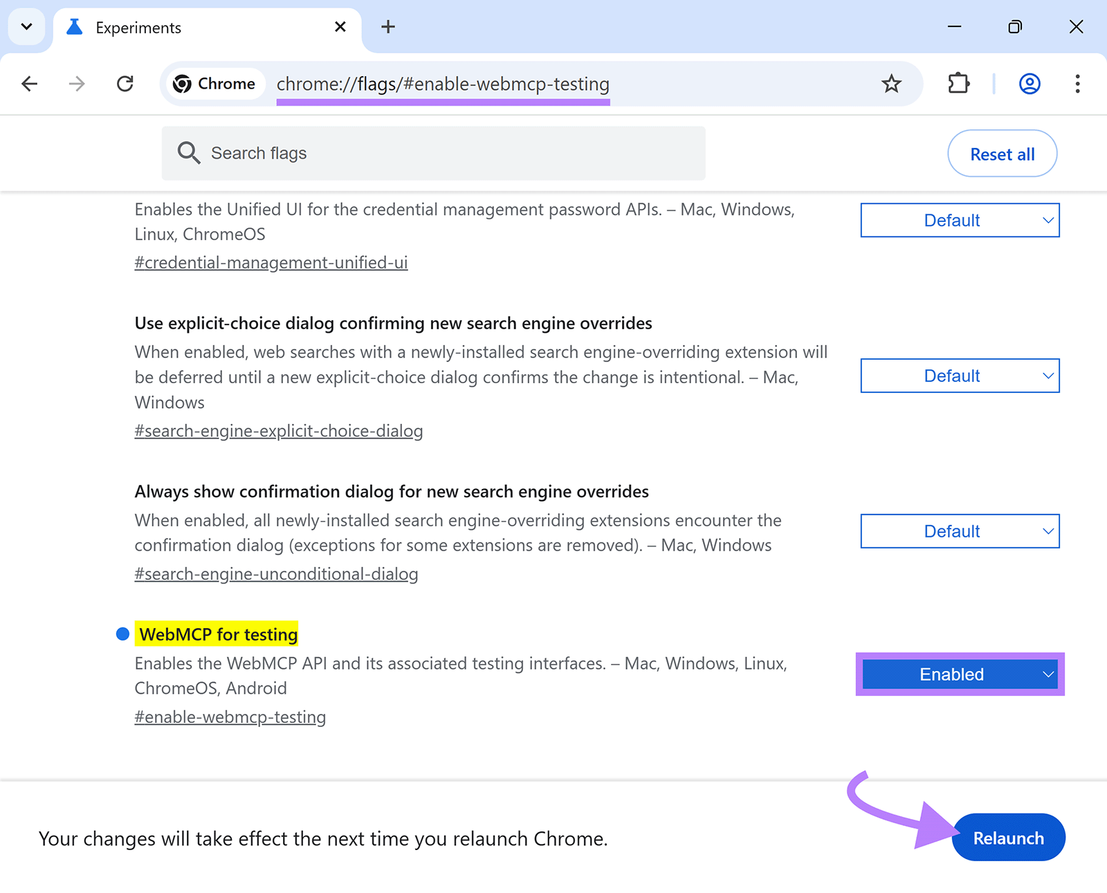 Chrome flags page with âWebMCP for testingâ option enabled and the Relaunch button highlighted