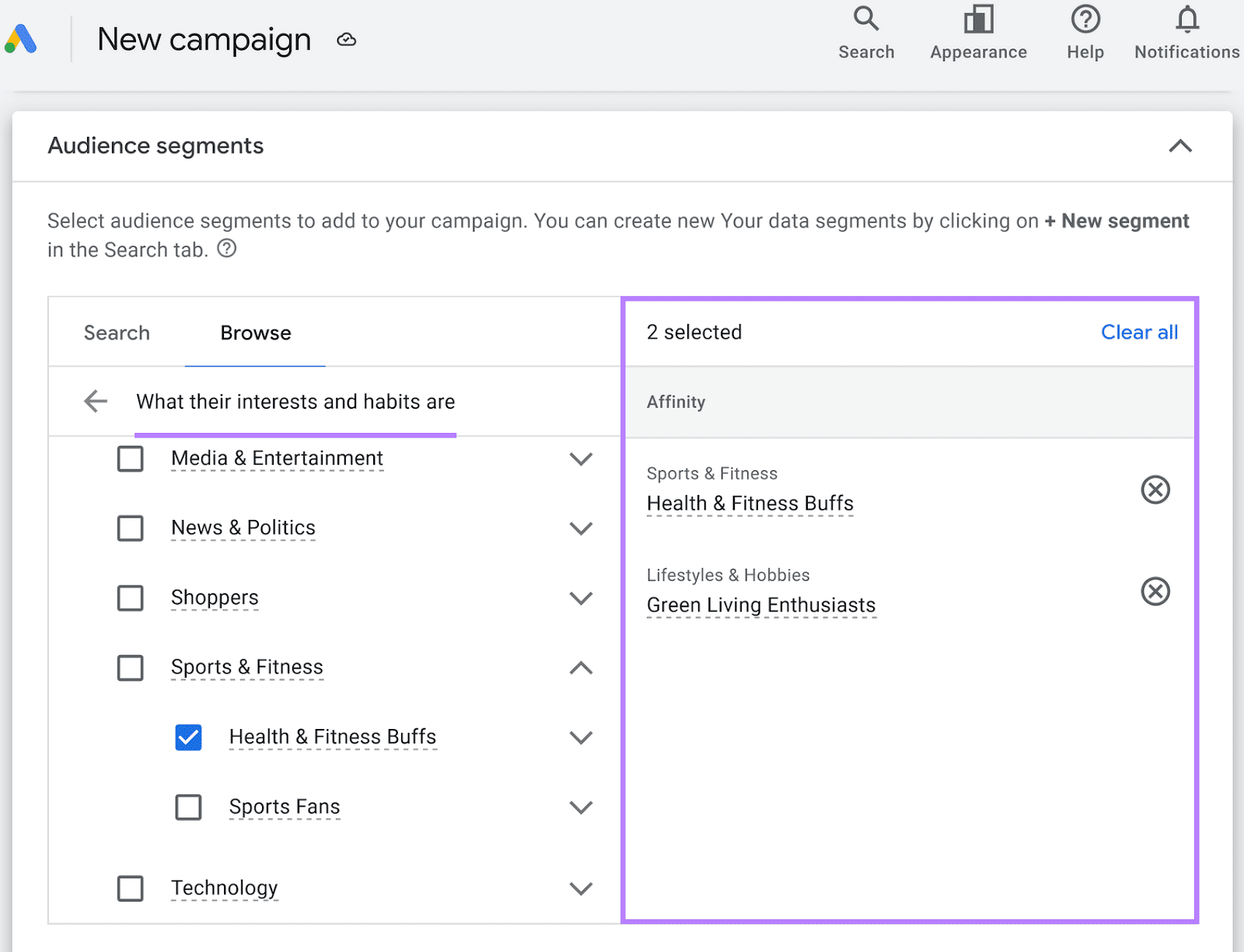 setting up âHome & Gardenâ affinity segment in Google Ads