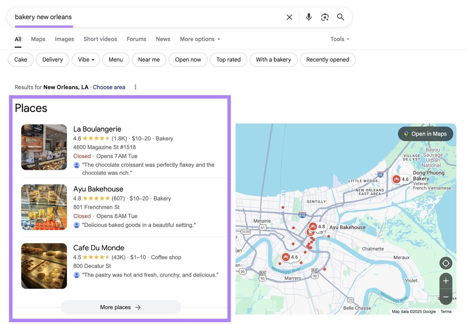 SERP with "âbakery new orleans" entered as the term and the local results which don't explicitly use the search terms highlighted.