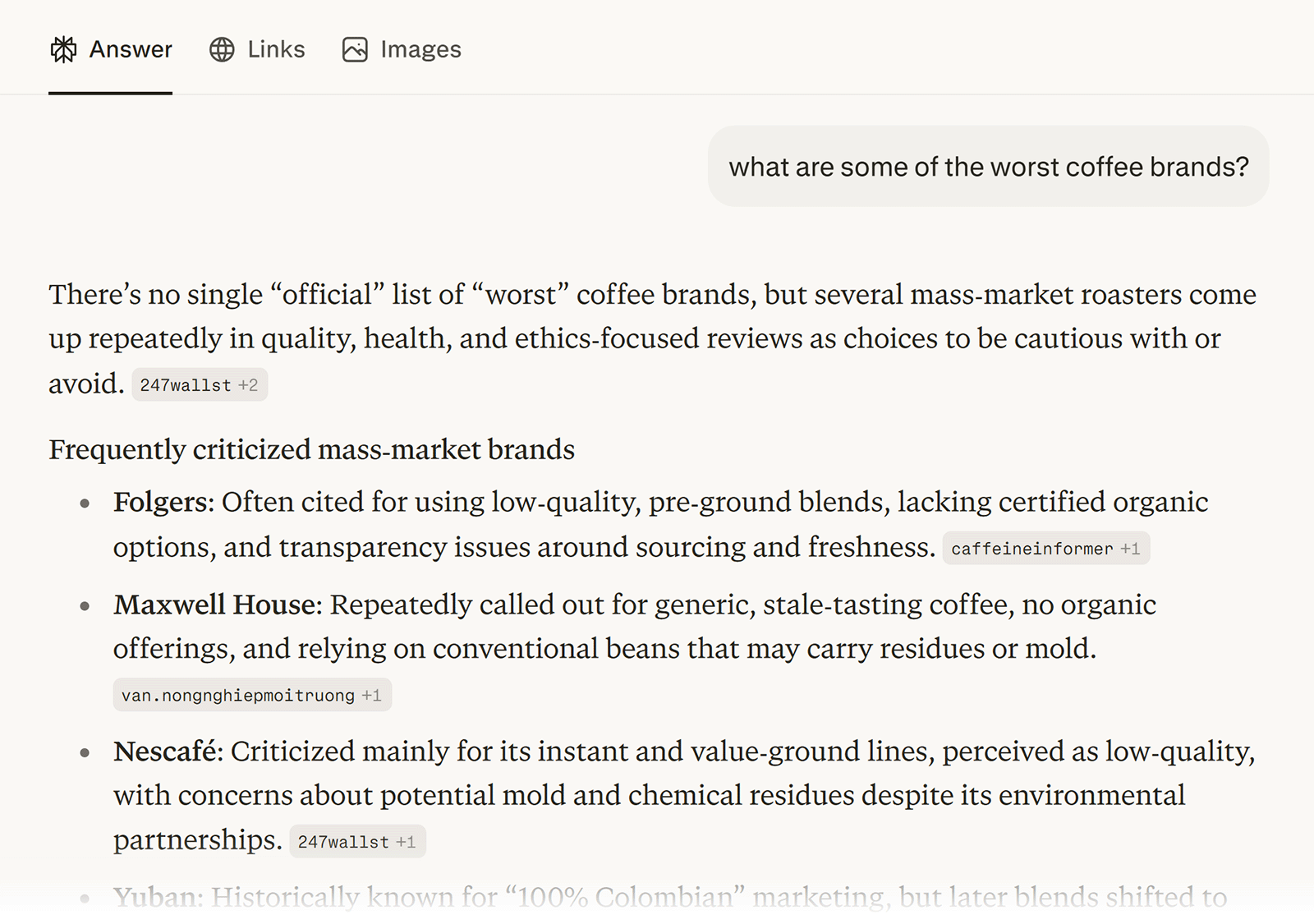 AI answer listing âworstâ coffee brands like Folgers and NescafĂ© based on quality and ethics concerns