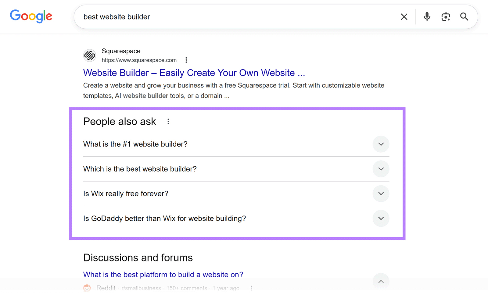 Google search results page with âPeople also askâ box listing website builder-related questions