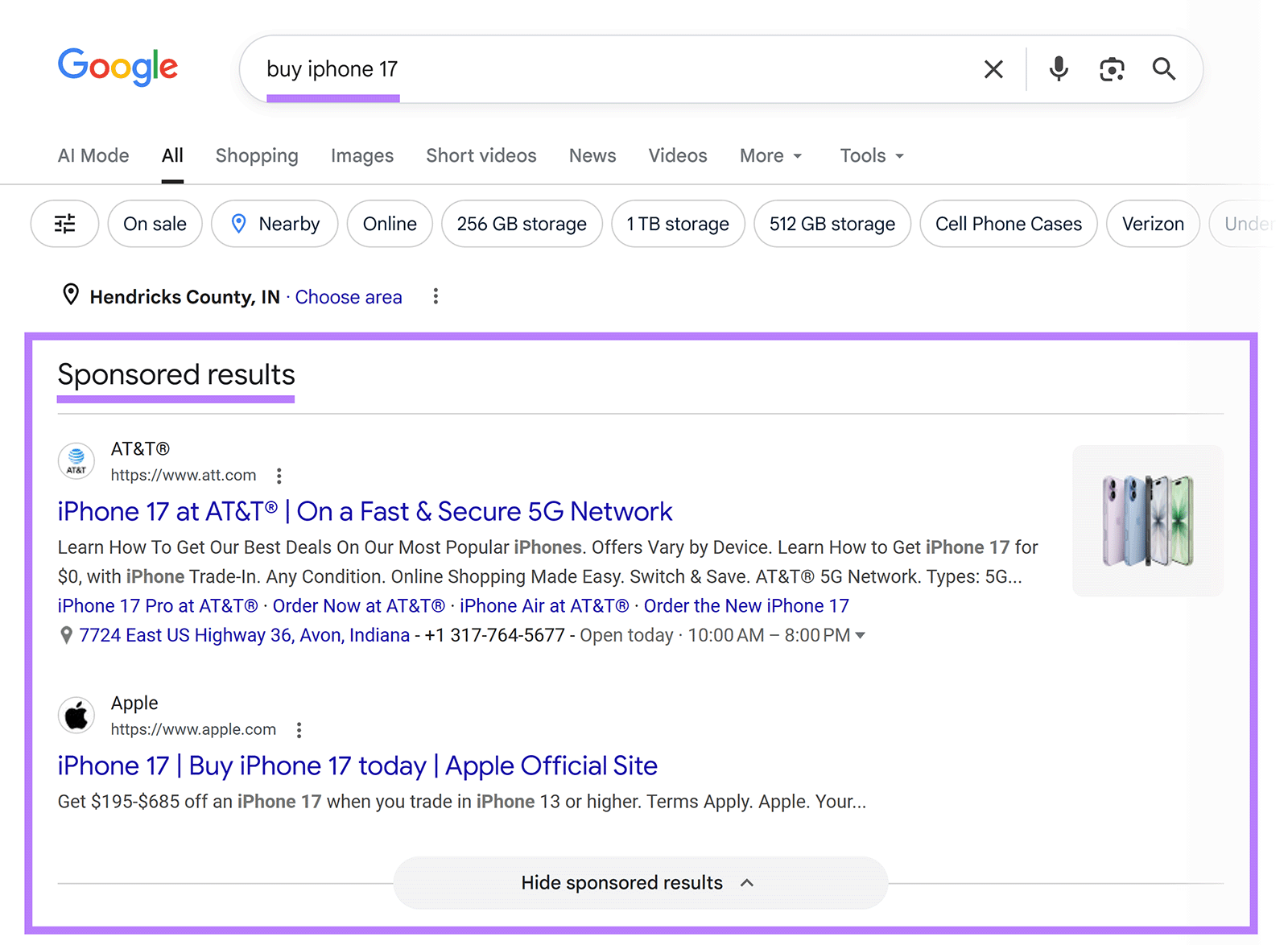 Google search results for âbuy iphone 17â showing sponsored ads from AT&T and Apple
