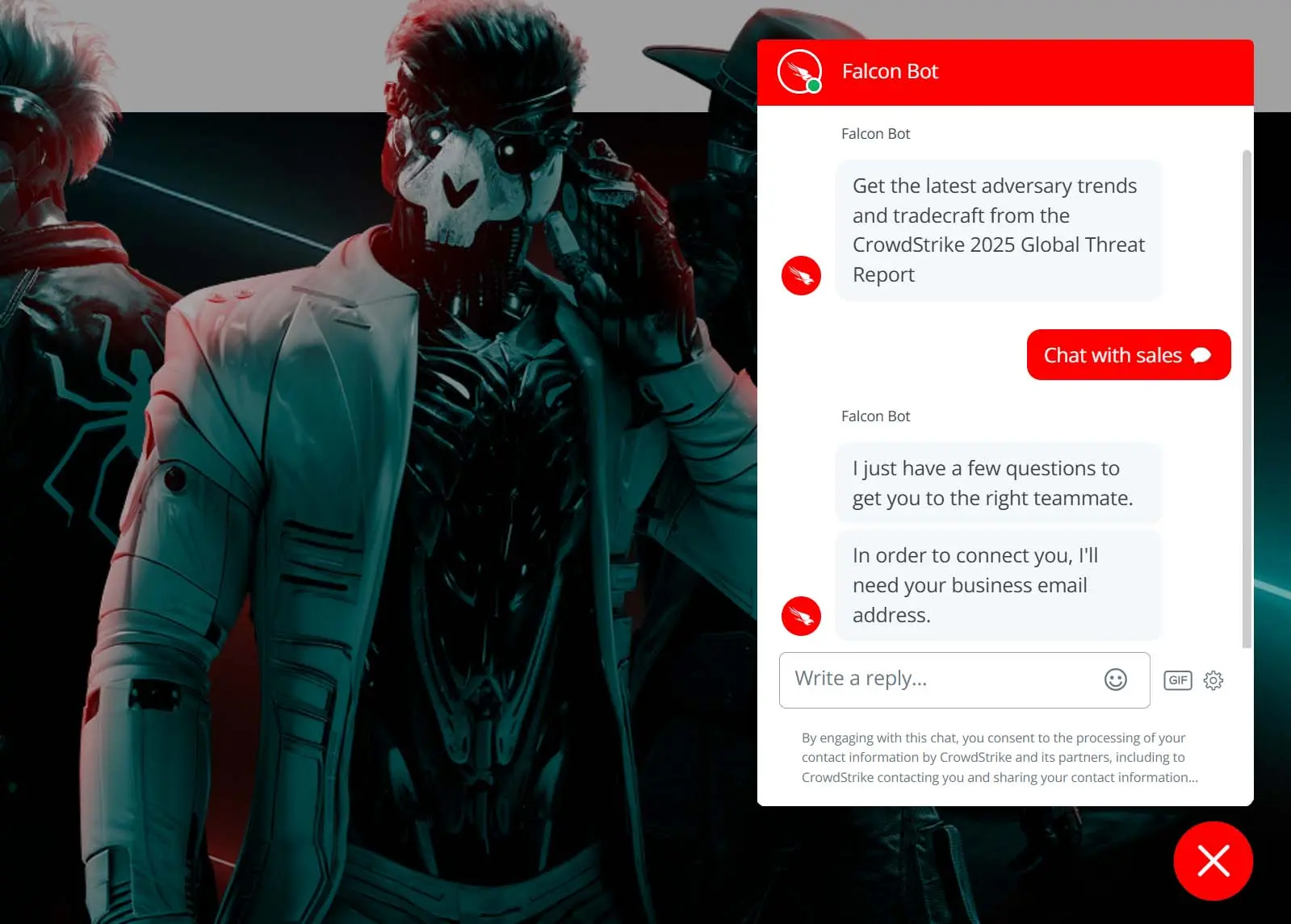 CrowdStrike’s website using live chat to support its buyers.