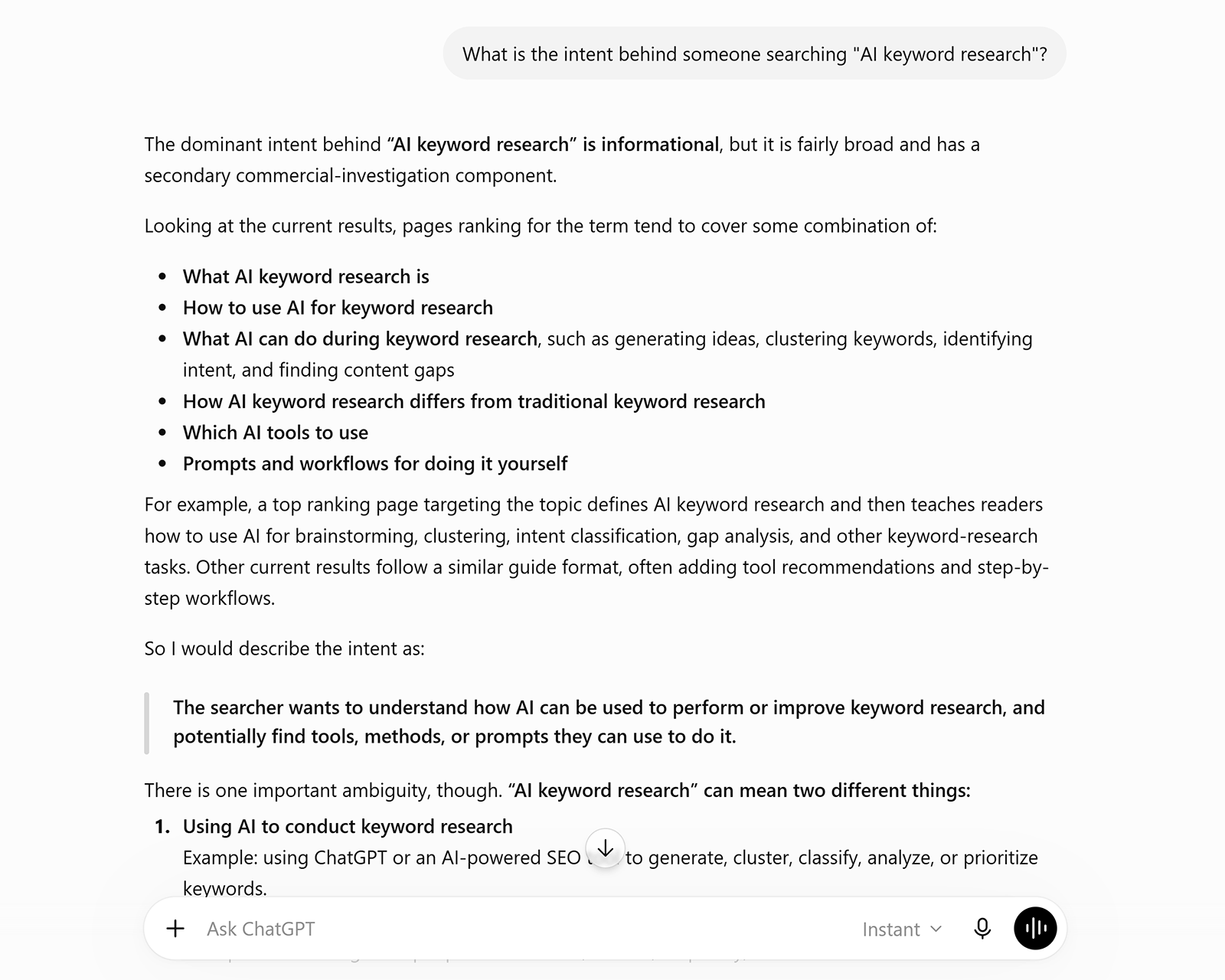 ChatGPT explaining the informational and commercial search intent behind âAI keyword researchâ