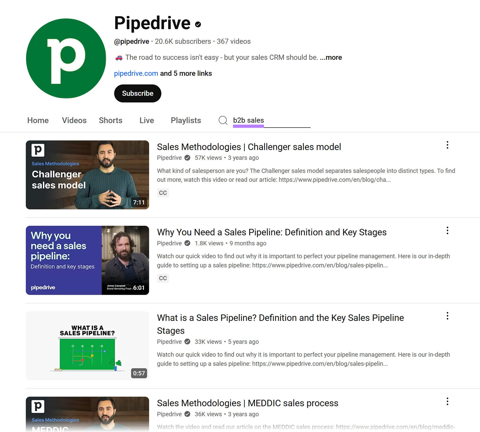 Pipedrive YouTube channel page with search results for “b2b sales” videos.