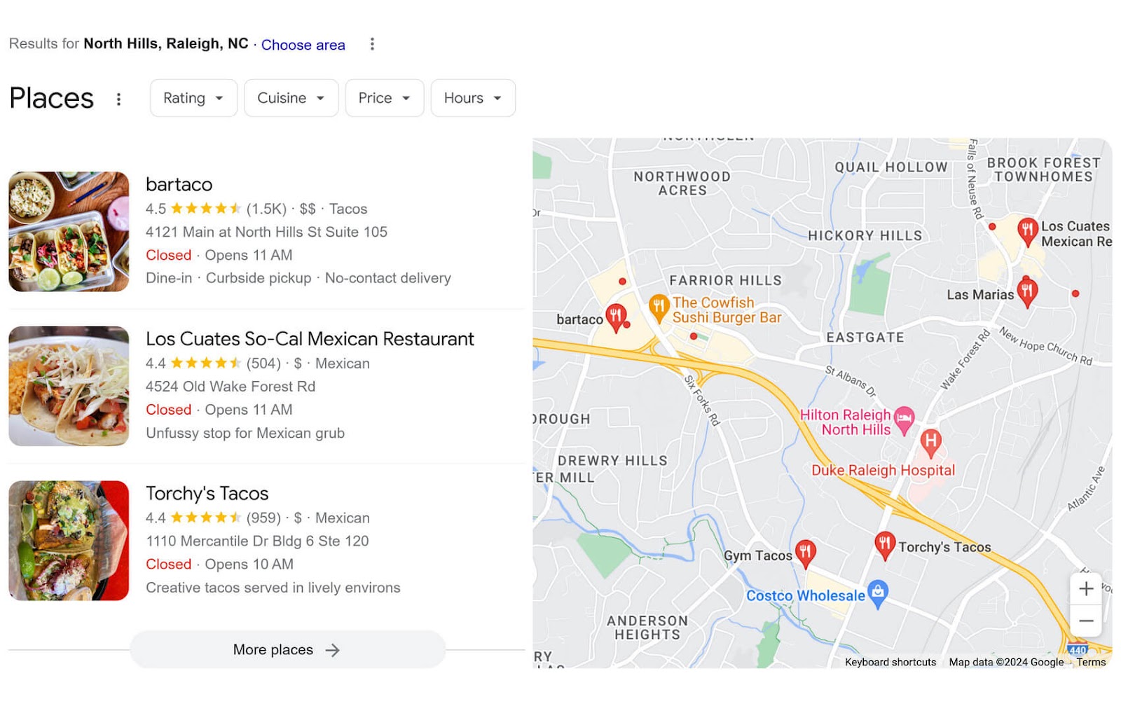 Googleâs local pack result for âtacos in north hills raleighâ