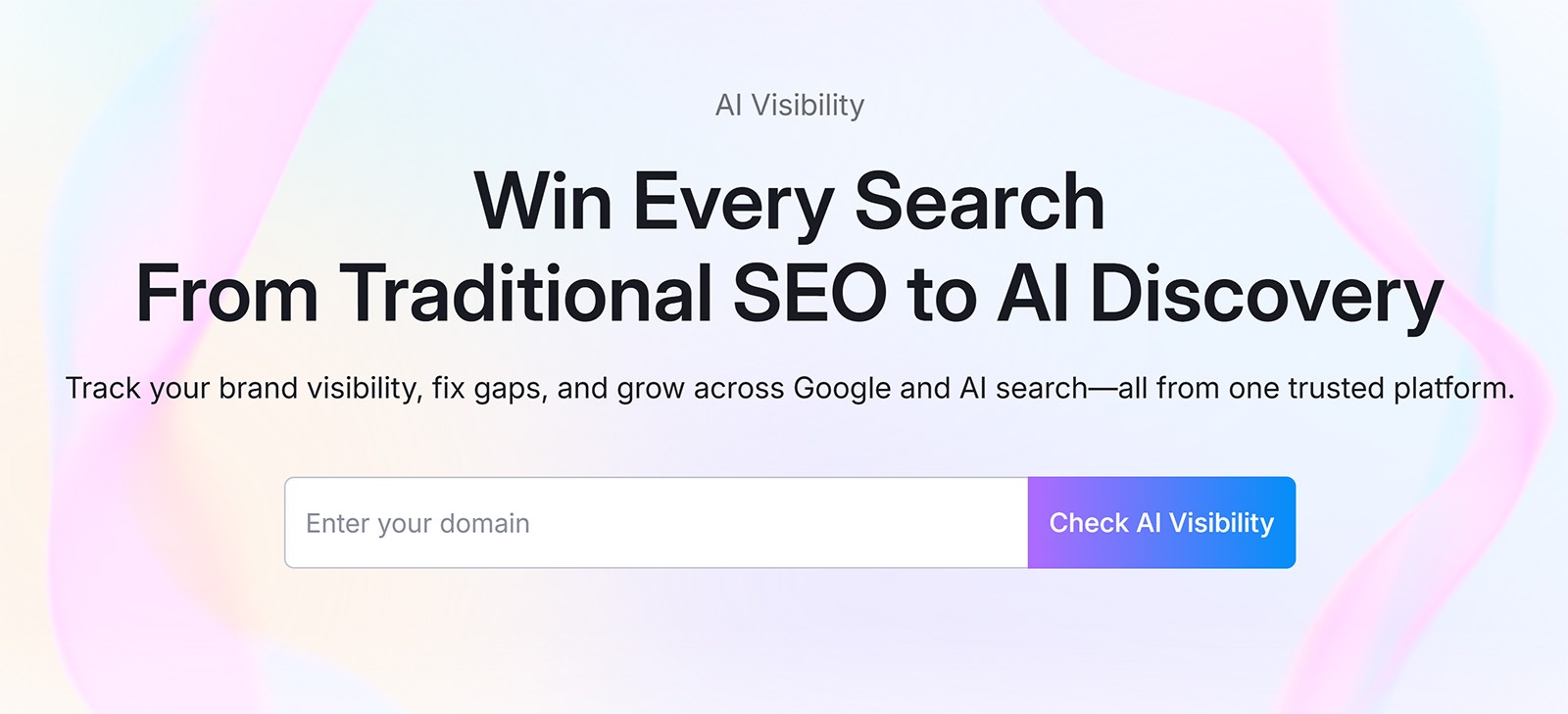 AI Visibility Toolkit Landing page banner with headline about winning search from SEO to AI discovery and a domain input field.