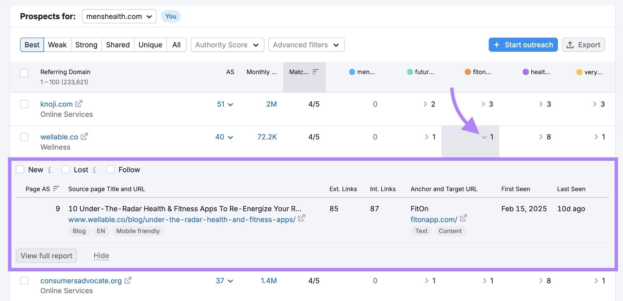 The source page title, URL, and anchor text of a competitor backlink on the Keyword Gap tool.