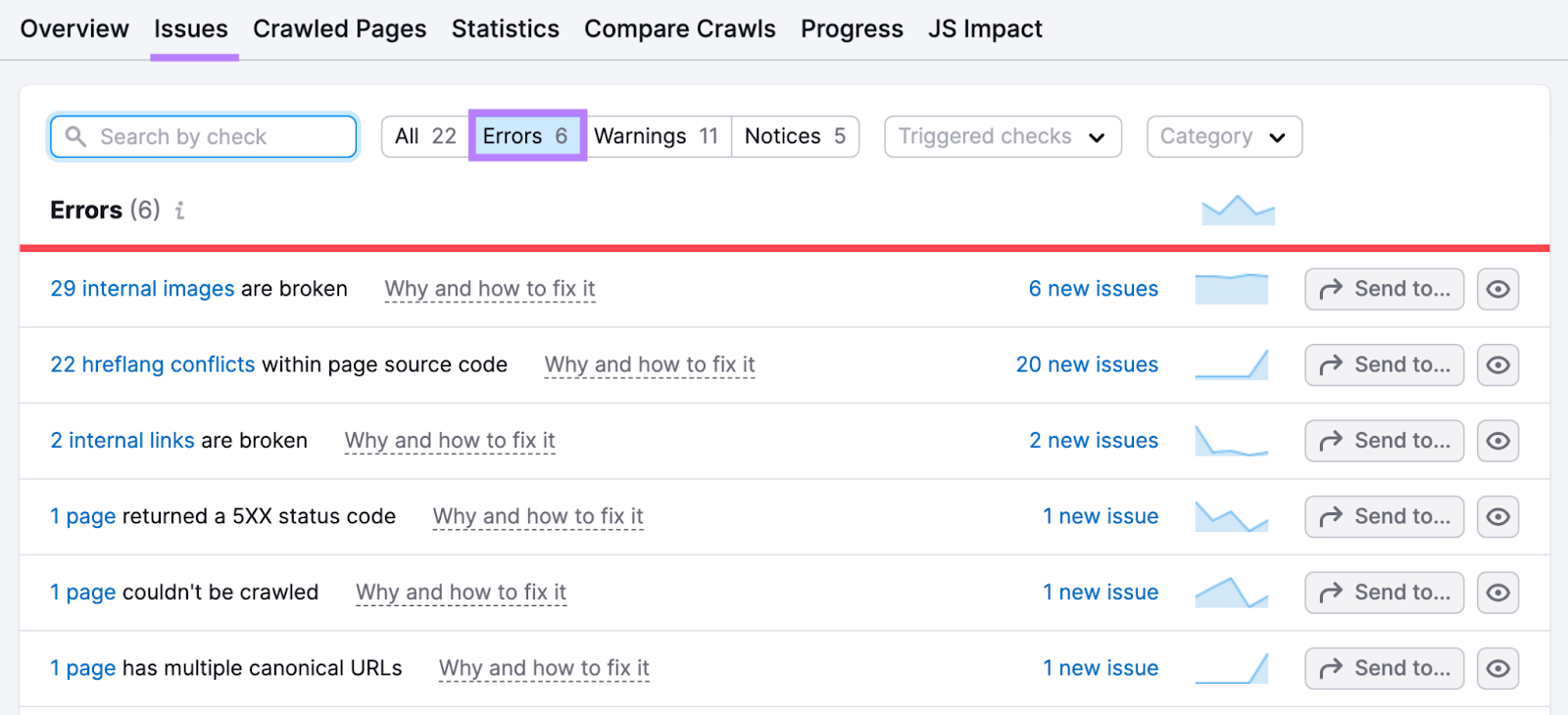 âIssuesâ report in Site Audit