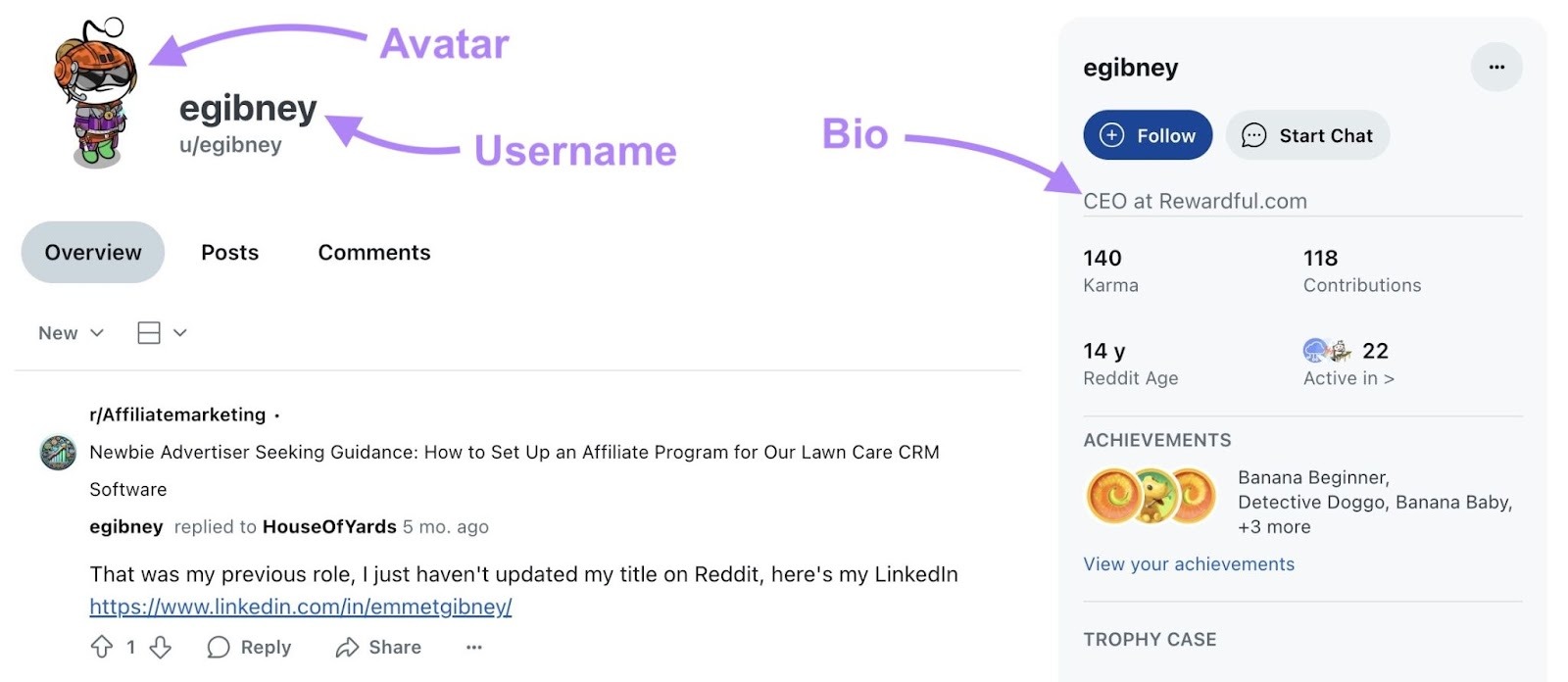 The avatar, username, and bio highlighted on a Reddit user's profile.